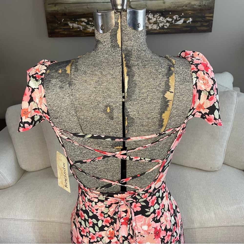 XS pink red black green floral print midi high low dress - Picture 9 of 11